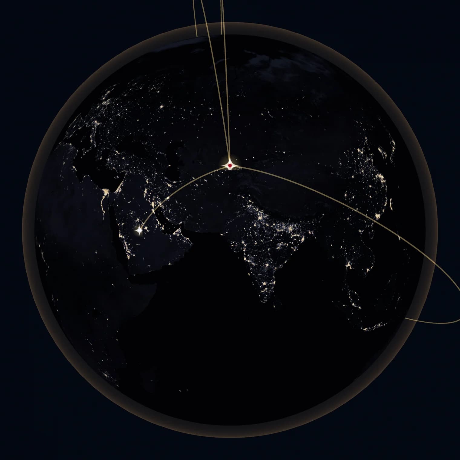 The night Earth: four gold arcs meeting at Tashkent.